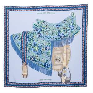 Pre Owned Hermes Blue Selle des Steppes Printed Silk Square Scarf