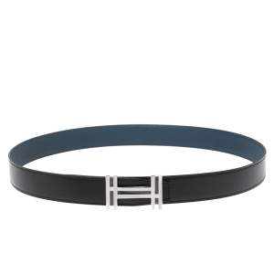 Pre Owned Hermes Noir/Bleu De Prusse Chamonix and Togo Leather H Au Carre Reversible Belt 95CM