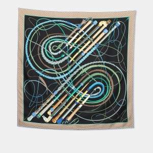 Pre Owned Hermes Black Fouets Et Badines Print Silk Twill Square Scarf 