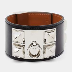 Hermes Collier De Chien Leather Palladium Plated Cuff Bracelet T3