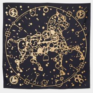 Pre Owned Hermès Black & Gold Cheval Fusion Silk Scarf 