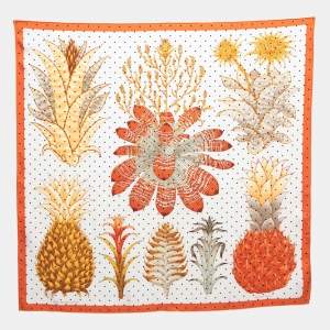 Hermes Orange/White Index Bromeliaceae Print Silk Square Scarf