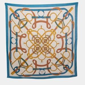 Hermes Bleu Cobalt/Naturel Eperon d'or Cashmere & Silk Shawl