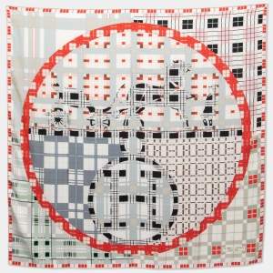 Hermes White/Rouge Ex-Libris a Carreaux Silk Scarf