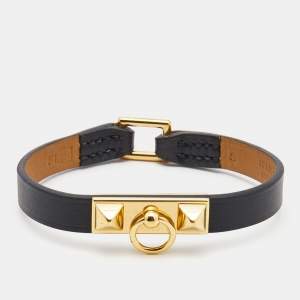 Hermès Micro Rivale Black Leather Gold Plated Bracelet