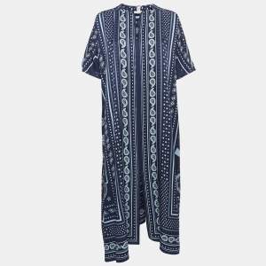 Hermes Navy Blue Printed Silk Twill Kaftan Midi Dress M