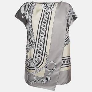 Hermès Grey Printed Silk Bride de Cour Remix Asymmetric Top L