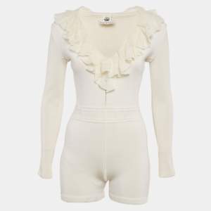 Hermes Off-White Silk Blend Knit Ruffled Playsuit S