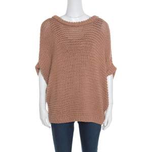 Hermes Cinnamon Brown Chunky Open Knit Linen Batwing Sleeve Sweater L
