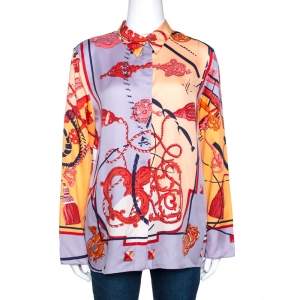 Hermes Multicolor Les Cléfs Printed Silk Blouse M
