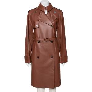 Hermès Brown Lambskin Leather Double Breasted Belted Coat M