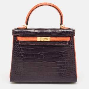 Hermès Orange Poppy/Amethyst Alligator Mississippiensis Gold Finish Kelly Retourne 25 Bag