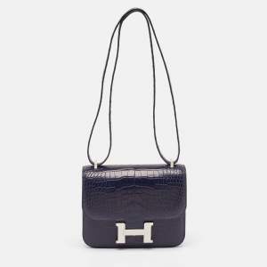 Hermes Bleu Indigo/Rose Pourpre Matte Alligator Palladium Finish Constance 18 Mini Bag