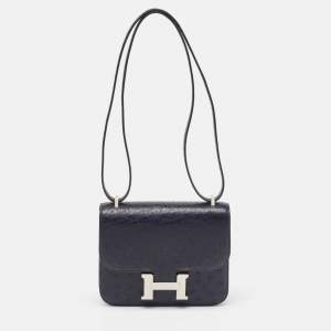 Pre Owned Hermès Bleu Indigo Ostrich Palladium Finish Constance 18 Mini Bag