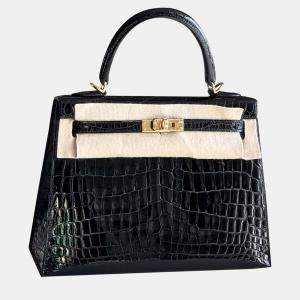 Hermes Shiny Black Crocodile Niloticus Kelly Sellier 25 Handbag