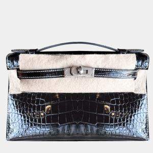 Hermes Black Shiny Crocodile Leather Kelly Pochette 