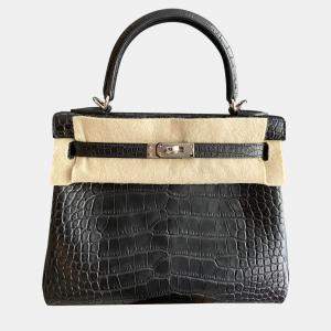 Hermes Black Alligator Leather Kelly 25 Top Handle Bag