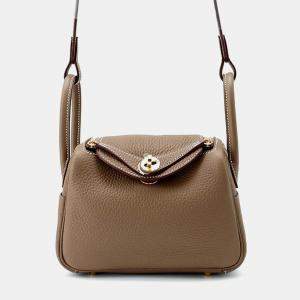 Hermes Etoupe Taurillon Clemence Lindy Mini Bag