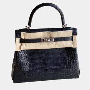 Hermes Black Matte Crocodile Leather Kelly 25  Shoulder Bag