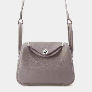 Hermes Gris Meyer Taurillon Clemence Leather Lindy Mini Shoulder Bag