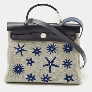 Pre Owned Hermès Bleu Royal/Ecru/Indigo H Plume Toile and Vache Hunter Circuit Rider Hobnailed Herbag 31 Bag