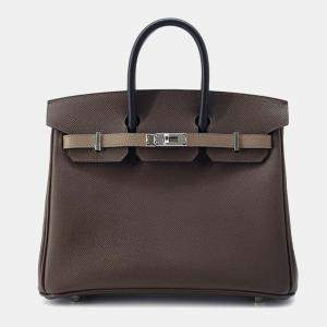Hermes Tricolor Ecorce Etoupe Black Epsom Leather Birkin 25 Bag 