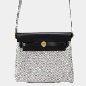 Hermes Black/Ecru Vache Hunter Leather Herbag Zip Toile Military Mini Shoulder Bag