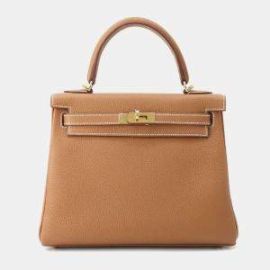 Hermes Gold Togo Leather 25 Kelly Top Handle Bag