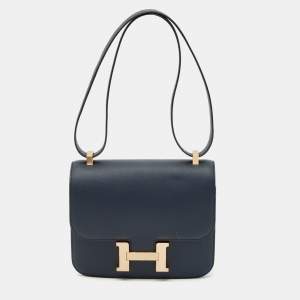 Pre Owned Hermès Bleu Indigo Epsom Leather Rose Gold Finish Constance III 24 Bag