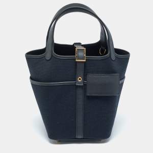 Pre Owned Hermès Bleu Marine/Noir Toile Goeland and Swift Leather Cargo Picotin Lock 18 Bag
