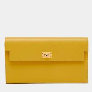Pre Owned Hermes Jaune De Naples Evercolor Leather Kelly Pocket Long Wallet