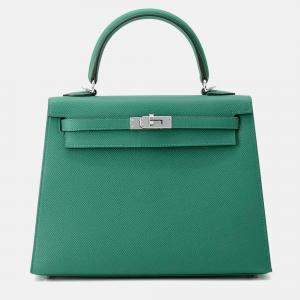Pre Owned Hermes Kelly Sellier 25 Vert Vertigo Epsom Leather Shoulder Bag