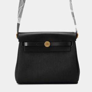 Pre Owned Hermes Herbag Zip Mini Black Toile Military Vache Hunter Leather Shoulder Bag