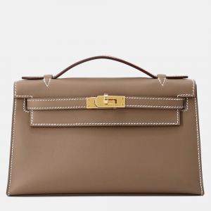 Pre Owned Hermes Pochette Kelly Etoupe Swift Leather Bag