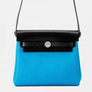 Pre Owned Hermes Herbag Zip Mini Blue Riviera/Black Toile Military Vache Hunter Leather Bag 