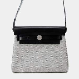 Pre Owned Hermes Herbag Mini Ecru Black Toile Vache Hunter Leather Zip Handbag