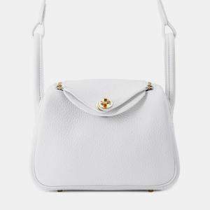 Pre Owned Hermes Lindy Mini White Taurillon Clemence Shoulder Bag