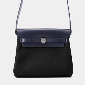 Pre Owned Hermes Herbag Mini Zip Blue Indigo/Black Toile Military Vache Hunter Leather 