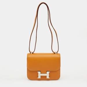 Pre Owned Hermes Abricot/Rouge Evercolor Leather Palladium Finish Constance 18 Mini Bag