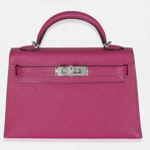 Pre Owned Hermes Rose Pourpre Chevre Mysore Sellier Mini Kelly 20 II SHW