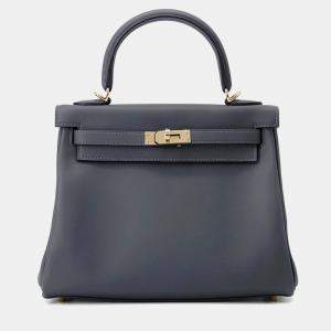 Pre Owned Hermes Kelly Retourne Sewing Verso Grimist/Black Swift Leather Size 25