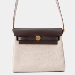 Pre Owned Hermes Herbag Zip Ecru/Ebene Toile Military Vache Hunter Leather Size Mini
