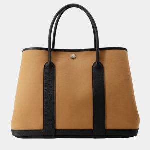 Pre Owned Hermes Garden Party Biscuit/Black Toile H Negonda Leather PM