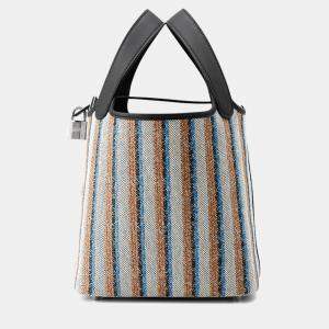 Pre Owned Hermes Picotin Lock 18  Blanket Black /Ecru/Fauve/Blue Zanzibar Toile H Swift Leather Bag