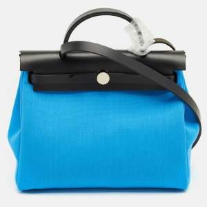 Pre Owned Hermes Bleu Riviera/Noir Toile Militaire and Vache Hunter Herbag Zip 31 Bag