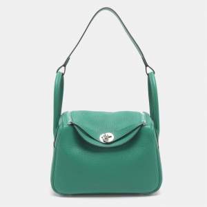 Pre Owned Hermes Lindy 26 Palladium Finish Vert Vertigo Clemence Leather Bag