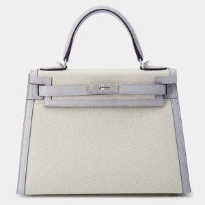 Pre Owned Hermes Kelly Sellier Ecru/Blue Gacier Toile H Swift Leather Size 28