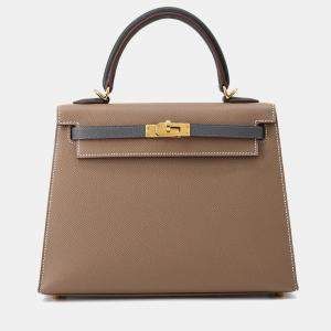 مملوكة مسبقًا Hermes Kelly Sellier Tricolor Etoupe/Ardoise/Black Epsom Size 25