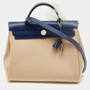 مملوكة مسبقًا Hermes Herbag Zip 31 Beige/Bleu Saphir Toile and Vache Hunter Top Handle Bag