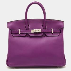 Pre Owned Hermes Birkin 25 Palladium Finish Anemone Swift Leather Tote